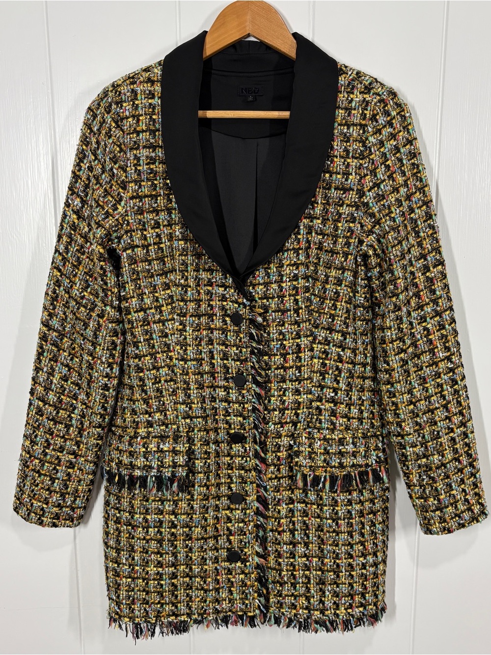 NBD Orion Blazer Dress Tweed Long Sleeve Fringe Trim Size Small Gold Black